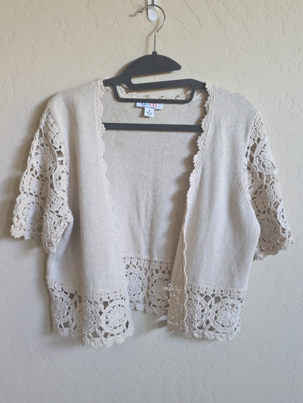 Denim&Co Cream Crochet-Trim Open Cardigan